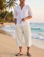 MAGNIVIT Men's Linen Cotton Capri Pants Elastic Waist Baggy Harem Pants | Linen Cotton,Capri,Loose Fit,Elastic Waist,Drawstring,Wide Leg,Baggy,Harem,Summer,Breathable,Light,Pockets,3/4,Below Knee. - Image 3