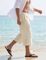 MAGNIVIT Men's Linen Cotton Capri Pants Elastic Waist Baggy Harem Pants | Linen Cotton,Capri,Loose Fit,Elastic Waist,Drawstring,Wide Leg,Baggy,Harem,Summer,Breathable,Light,Pockets,3/4,Below Knee. - Image 4
