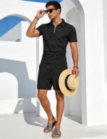 UOUA Men's 2 Piece Summer Polo & Shorts Set Quarter Zip Track Suit for Golf Lounging Casual Outfits - Image 3