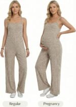 BLENCOT Maternity Ribbed Jumpsuit Sleeveless Square Neck Wide Leg Stretchy One Piece Romper - Image 6