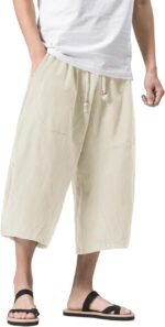 MAGNIVIT Men's Linen Cotton Capri Pants Elastic Waist Baggy Harem Pants | Linen Cotton,Capri,Loose Fit,Elastic Waist,Drawstring,Wide Leg,Baggy,Harem,Summer,Breathable,Light,Pockets,3/4,Below Knee. - Image 2