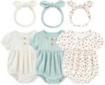 MAMIMAKA Newborn Baby Girl Clothes Cotton Bubble Romper Short Sleeve Bodysuit 3 Pack - Image 2