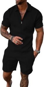 UOUA Men's 2 Piece Summer Polo & Shorts Set Quarter Zip Track Suit for Golf Lounging Casual Outfits - Image 2