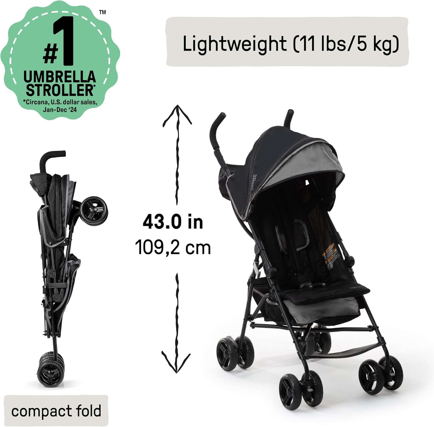Summer Infant, 3D Mini Convenience Stroller Lightweight Stroller with Compact Fold MultiPosition Recline Canopy with Pop Out Sun Visor and More Umbrella Stroller for Travel and More, Gray - Image 4