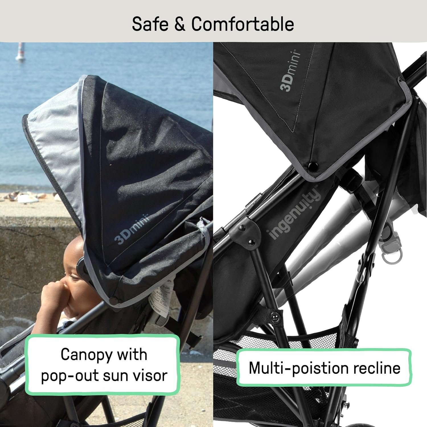 Summer Infant, 3D Mini Convenience Stroller Lightweight Stroller with Compact Fold MultiPosition Recline Canopy with Pop Out Sun Visor and More Umbrella Stroller for Travel and More, Gray - Image 5