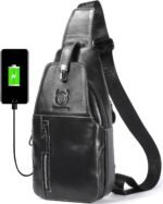BULLCAPTAIN Genuine Leather Sling Bag Mens Crossbody Backpack Hiking Casual Daypack Shoulder Chest Bag with USB Charging Port - Image 2