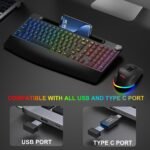 BlueFinger Wireless Keyboard and Mouse- RGB Backlit Ergonomic Rechargeable Keyboard with Wrist Rest, Phone Holder, Light Up Silient Keyboard with Mouse for Computer Laptop Mac - Image 4