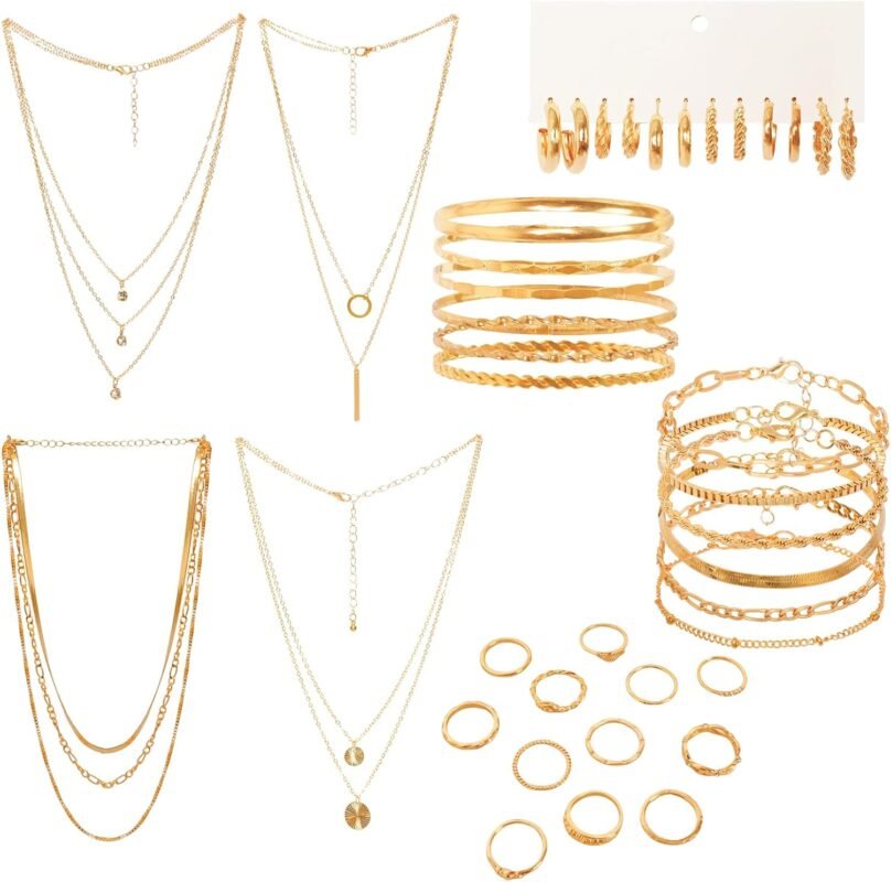 34pcs Gold Jewelry Set for Women Multi Layered Necklace Knuckle Rings Stackable Bracelets Dainty Earrings Fashion Jewelry set Anniversary Birthday Valentine Gift Pack for Women