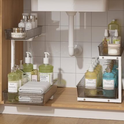 ADRIMER Under Sink Organizer 2 Packs, Pull Out Kitchen Sink Organizer Height Adjustable, 2 Tier Slide Out Kitchen Organizers and Storage Metal Cabinet Storage Shelf, Grey & White