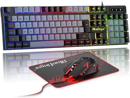BlueFinger RGB Gaming Keyboard and Backlit Mouse Combo, USB Wired, LED Gaming Set for Laptop PC Computer Game and Work (Black & Gray)