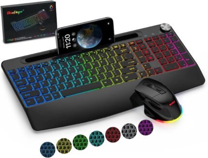 BlueFinger Wireless Keyboard and Mouse- RGB Backlit Ergonomic Rechargeable Keyboard with Wrist Rest, Phone Holder, Light Up Silient Keyboard with Mouse for Computer Laptop Mac