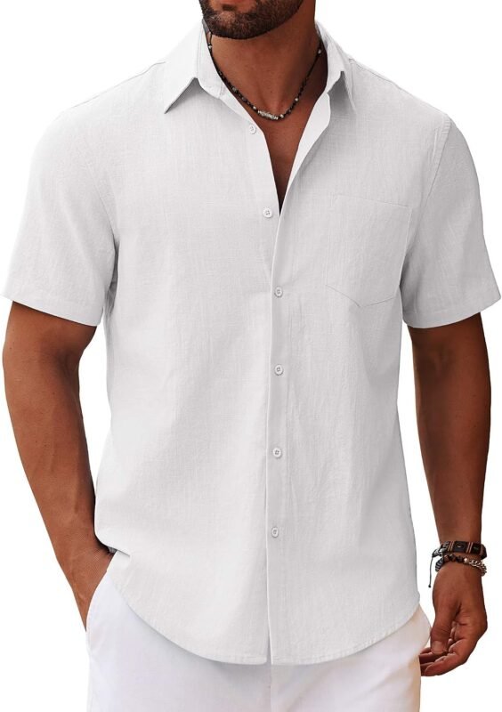 COOFANDY Men’s Button Down Shirts Short Sleeve Casual Cotton Summer Beach Wedding Shirts