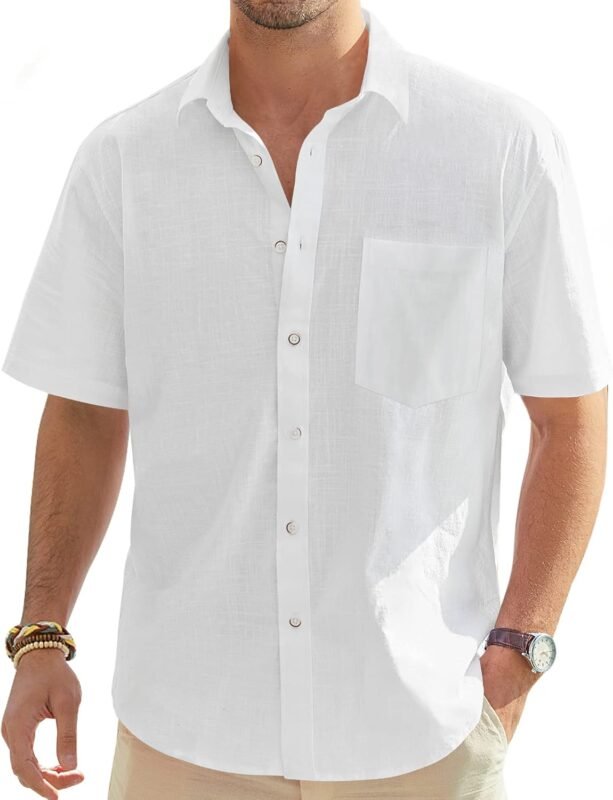 Men’s Linen Shirt Short Sleeve Casual Lightweight Button Down Beach Summer