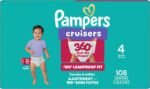 Pampers Diapers – Cruisers 360° – Size 4, up to 100% Leakproof Fit, Designed for Active Babies, Pull On Diaper, EZ Off Tabs Designed for Easy Changes, 1 Pack (Count of 108)