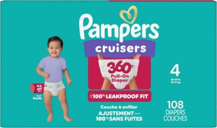 Pampers Diapers – Cruisers 360° – Size 4, up to 100% Leakproof Fit, Designed for Active Babies, Pull On Diaper, EZ Off Tabs Designed for Easy Changes, 1 Pack (Count of 108)