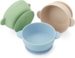 PandaEar 3 Pack Silicone Baby Bowls with Suction| Stay Put Suction Bowls for Babies Kids Toddlers Infants| Large Cup Base| Food Grade Soft Safe BPA-Free (Brown/Blue/Green)