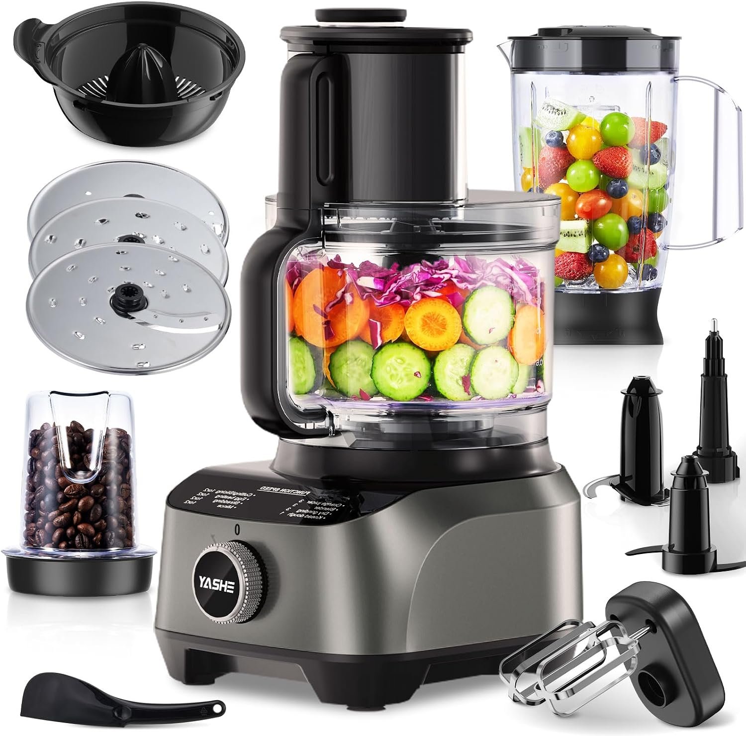 YASHE Multifunctional Food Processor, 2.5 L Bowl & 1.5 L Jar, Blender, Grinder, Juice Extractor, Kneader, Chopper, Slicer & Grater, 3 Speeds + Pulse, Safety Lock, 1300 W YASHE Multifunctional Food Processor, 2.5 L Bowl & 1.5 L Jar, Blender, Grinder, Juice Extractor, Kneader, Chopper, Slicer & Grater, 3 Speeds + Pulse, Safety Lock, 1300 W